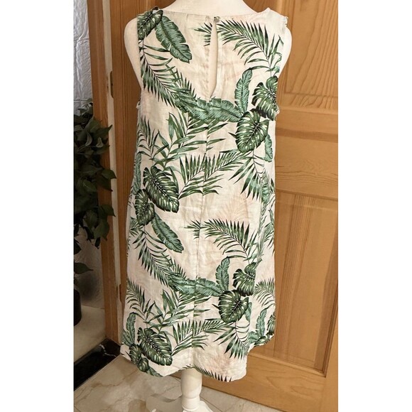 C‎ &C California Linen Dress Womens Small Green And White Leaf Pockets Swing - Picture 3 of 16